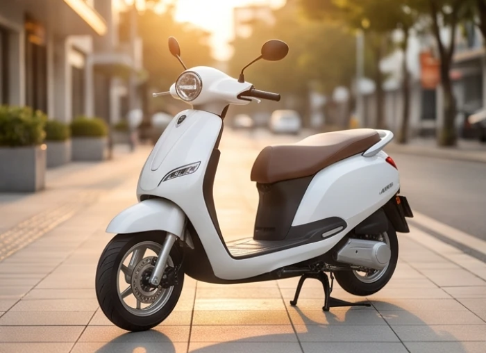 Chiếc xe máy điện màu trắng bạc nổi bật dưới ánh nắng giúp mang lại sự an tâm tuyệt đối khi di chuyển trên đường phố
