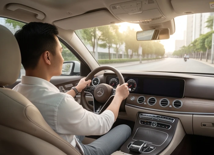Người điều khiển ô tô ngồi thoải mái phía sau vô lăng bên trong khoang nội thất có màu sắc tương sinh êm ái