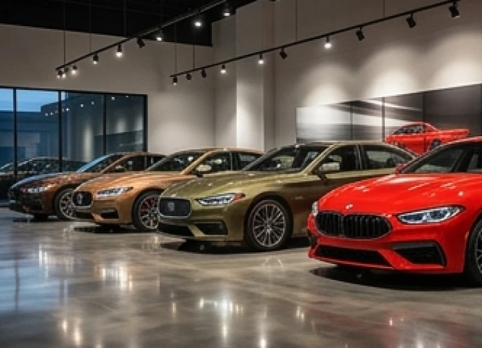 Dàn xe ô tô nhiều màu sắc đa dạng được trưng bày trong showroom hiện đại