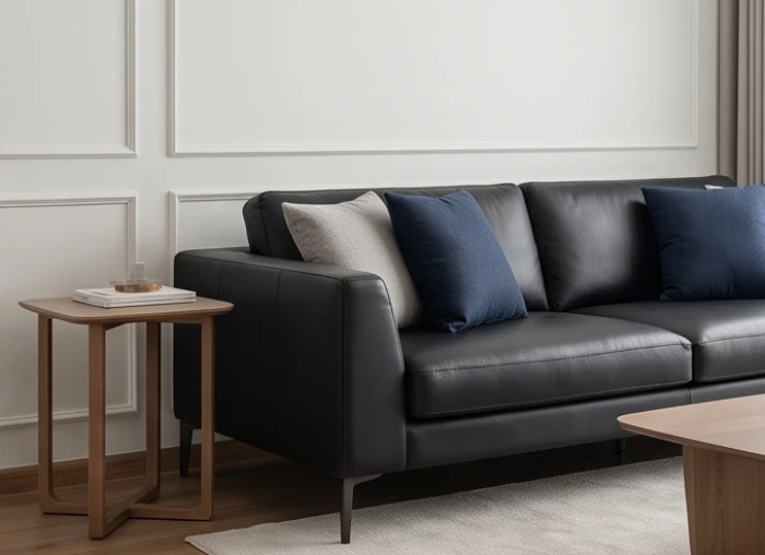 Bộ ghế sofa da màu đen tuyền kết hợp gối tựa xanh navy trang nhã giúp nữ gia chủ hóa giải xung khắc