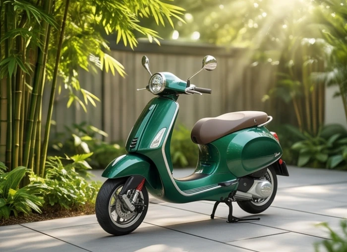 Một chiếc xe tay ga cao cấp màu xanh rêu thời thượng đỗ tại sân vườn ngập tràn ánh nắng chuẩn phong thủy