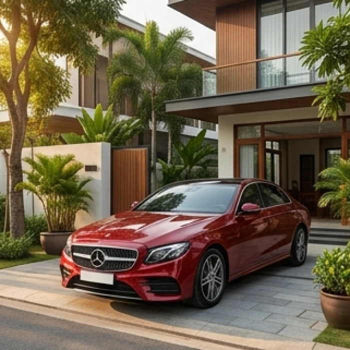 Chiếc xe ô tô màu đỏ ruby sang trọng đỗ trong khuôn viên xanh mát mang lại sự bình an cho gia chủ tuổi canh tý 1960