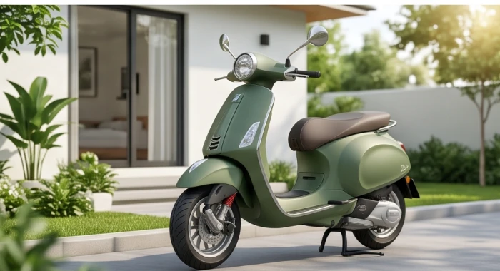 Chiếc xe máy 50cc màu xanh rêu thời trang chuẩn phong thủy cho học sinh tuổi Kỷ Sửu di chuyển