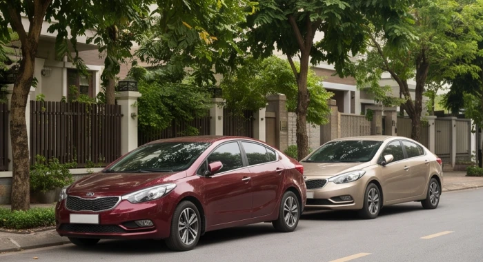 Hai chiếc xe ô tô màu đỏ sẫm và vàng cát đỗ đĩnh đạc dưới ánh sáng tự nhiên hỗ trợ an toàn di chuyển