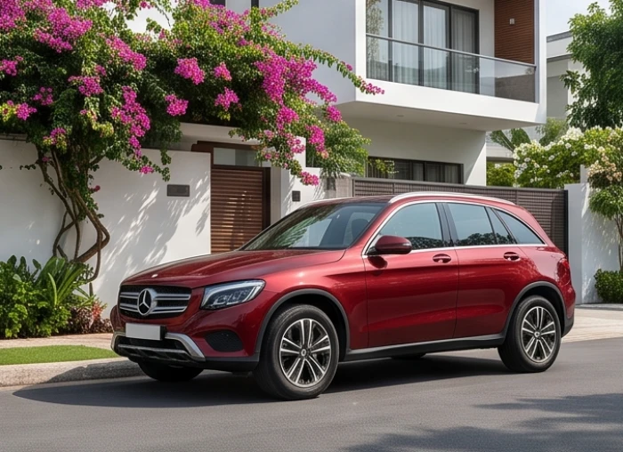 Chiếc xe ô tô SUV màu đỏ sậm sang trọng đỗ cạnh rặng hoa giấy trước hiên nhà hỗ trợ năng lượng cho nữ gia chủ cung cấn