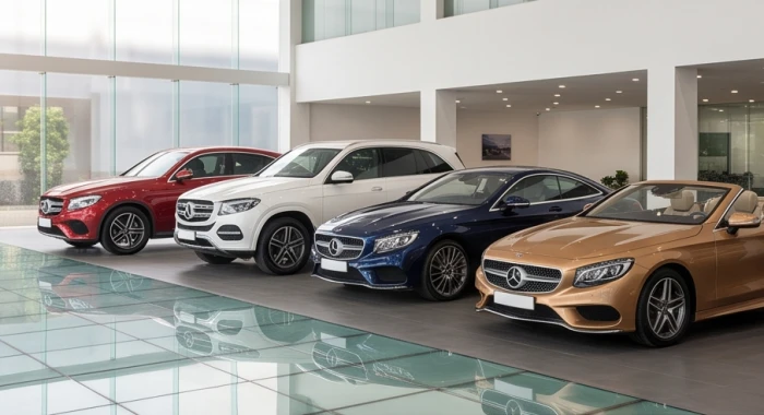 Các mẫu xe ô tô với màu sắc đỏ xanh vàng trắng xám đại diện ngũ hành trưng bày tại showroom hiện đại