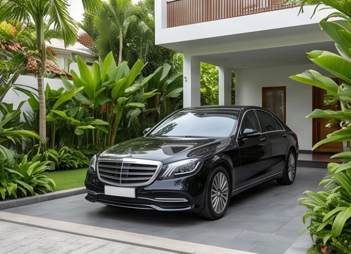 Chiếc xe ô tô sedan sang trọng màu đen bóng đỗ tại sân nhà biệt thự nhiều cây xanh dành cho nam mạng tuổi tân dậu