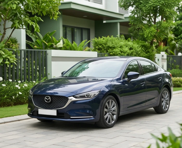 Chiếc xe ô tô sedan sang trọng màu đen bóng và màu xanh dương trầm đậu trước biệt thự sân vườn