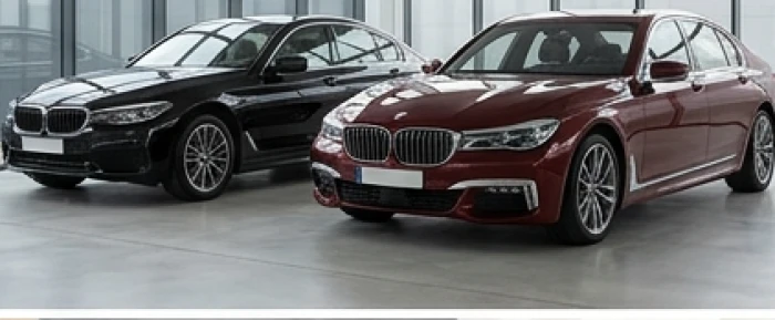Hai chiếc xe ô tô màu đen sang trọng và màu đỏ mận đỗ song song trong showroom ánh sáng tự nhiên