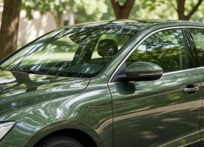 Chiếc xe ô tô dán decal màu xanh rêu sẫm sang trọng và bền bỉ đỗ dưới bóng cây râm mát