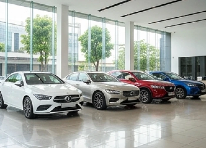 Các dòng xe ô tô với màu sắc hợp phong thủy trưng bày thẳng hàng tại showroom chuyên nghiệp cho người tuổi Dần