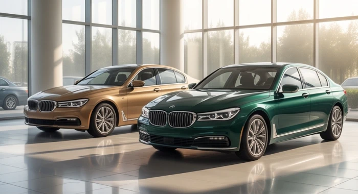 Hai mẫu xe sedan màu vàng đồng và xanh lục trưng bày cạnh nhau, thể hiện sự khác biệt màu hợp mệnh theo cung phi