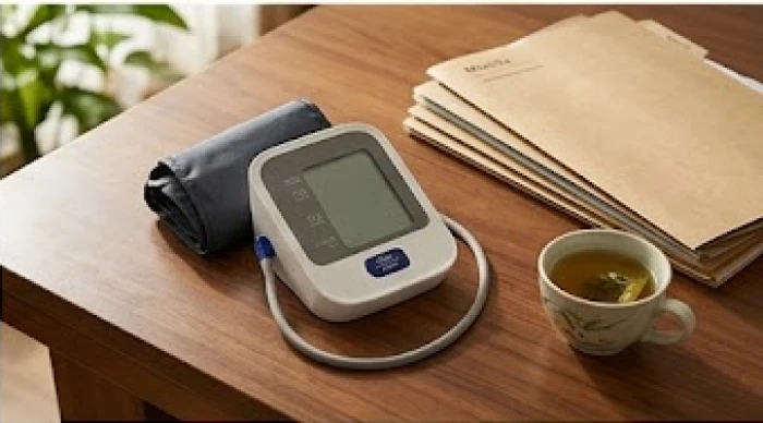 Máy đo huyết áp điện tử đặt cạnh các tập hồ sơ tài liệu trên bàn làm việc cá nhân