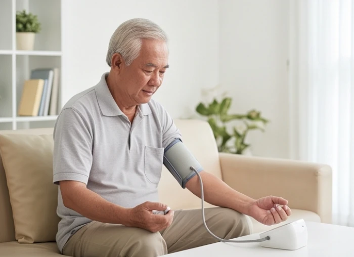 Người lớn tuổi đang tự đo huyết áp tại nhà bằng thiết bị y tế cá nhân gọn nhẹ