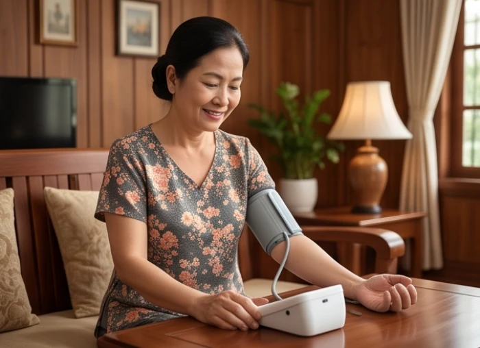 Người phụ nữ trung niên đang cẩn thận tự đo huyết áp tại không gian phòng khách