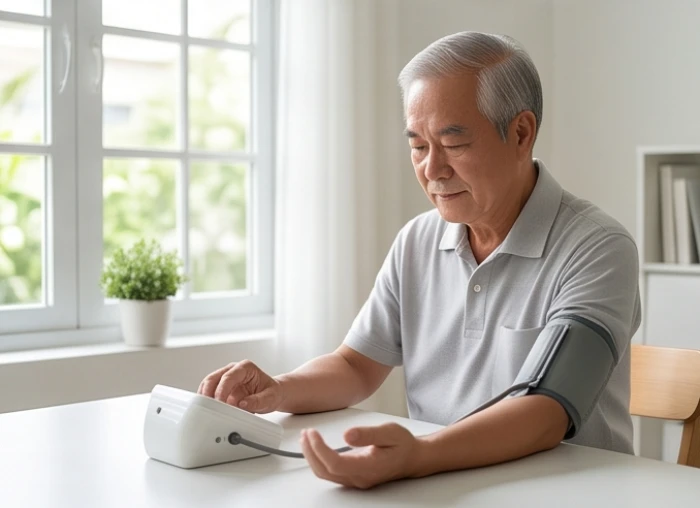 Cụ ông tự đo huyết áp buổi sáng bằng máy điện tử tại phòng ngủ ngăn nắp để kiểm tra chỉ số