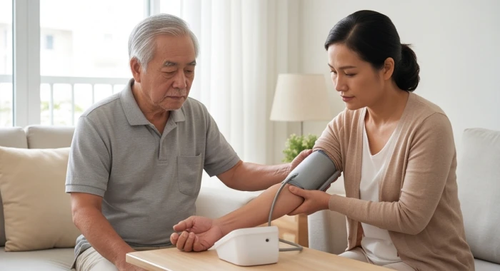 Con cháu dùng máy đo huyết áp điện tử tại nhà để kiểm tra chỉ số tim mạch hằng ngày cho người lớn tuổi