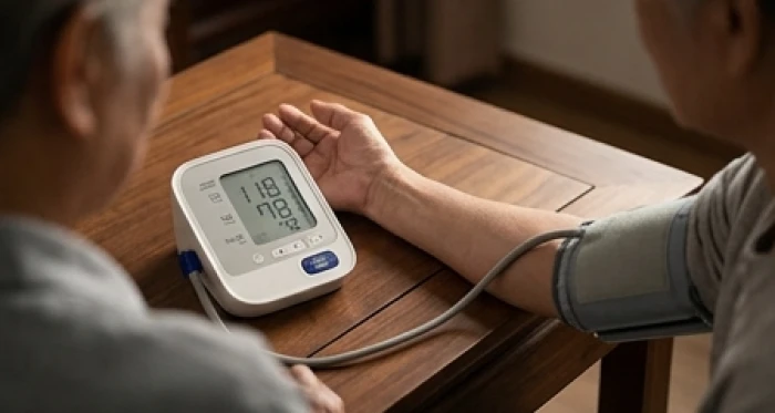 Máy đo huyết áp điện tử đang hiển thị các chỉ số tim mạch trên tay người già