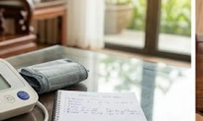 Thiết bị đo huyết áp điện tử và cuốn sổ ghi chép chỉ số sức khỏe đặt trên bàn kính phòng khách