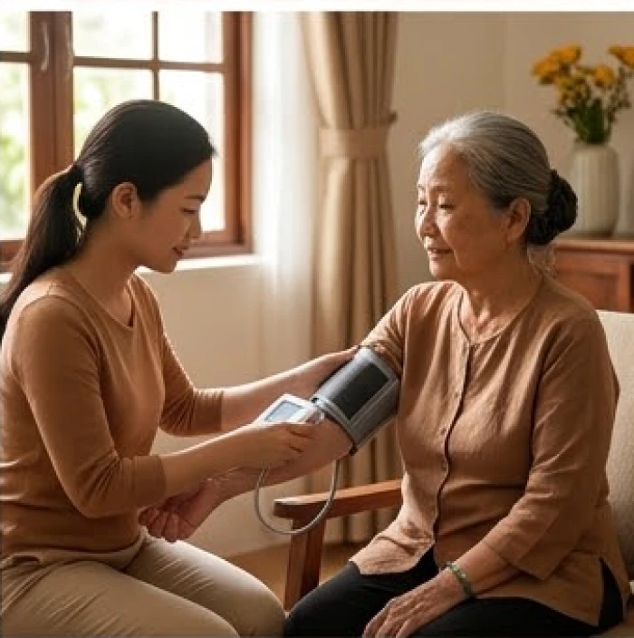 Người thân đang cẩn thận quấn vòng bít của máy đo huyết áp điện tử vào bắp tay cụ bà để kiểm tra
