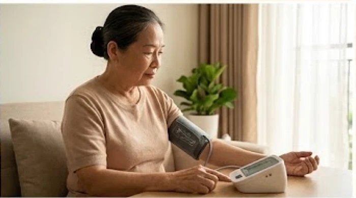 Người cao tuổi tự đo huyết áp tại nhà bằng máy điện tử để theo dõi sức khỏe hằng ngày