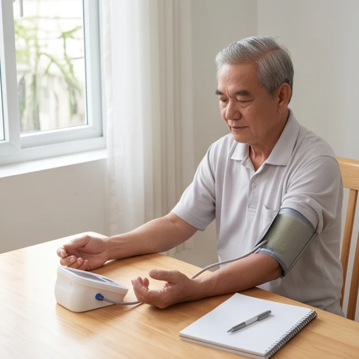 Người cao tuổi tự kiểm tra huyết áp mỗi ngày tại bàn làm việc trong phòng ngủ yên tĩnh gọn gàng