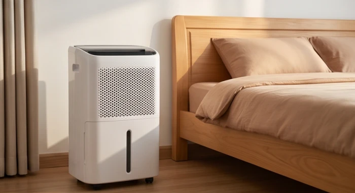 Máy hút ẩm hiện đại đặt trong phòng ngủ của người cao tuổi giúp kiểm soát độ ẩm không khí vào tháng 2 âm lịch