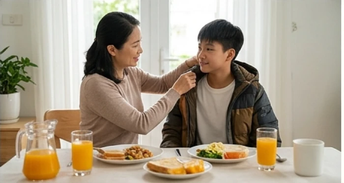 Mẹ nhắc nhở con trai mặc áo ấm và chuẩn bị nước cam bổ sung vitamin C giúp phòng bệnh đường hô hấp lúc giao mùa
