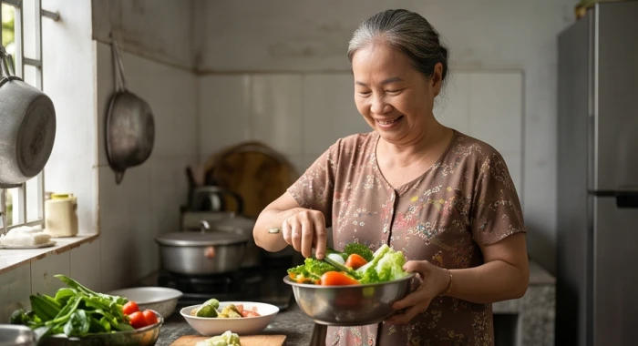 Người mẹ lớn tuổi tận tâm chuẩn bị mâm cơm gia đình với những món ăn truyền thống ấm cúng