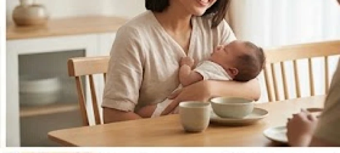 Người mẹ ôm bé Quý Mão ngồi cạnh bố bên bàn ăn gia đình thể hiện vai trò trung gian kết nối tình cảm