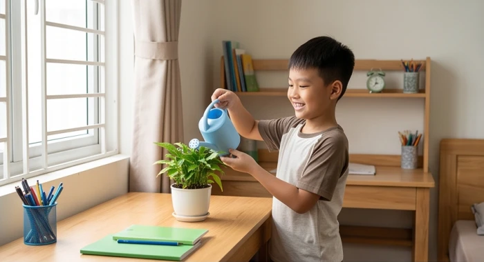 Bé trai tuổi Kỷ Hợi vui vẻ tưới chậu cây xanh tươi tốt bên cửa sổ phòng học tràn ngập ánh sáng