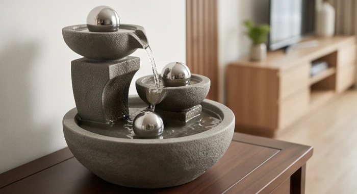 Tiểu cảnh thác nước mini kết hợp đá kim loại thể hiện quy luật kim sinh thủy cho mệnh đại khê thủy 1975