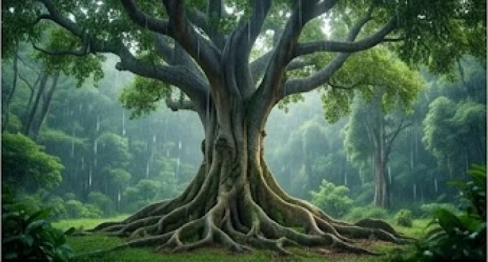 Cây cổ thụ xanh tốt đang vươn mình đón nhận những giọt mưa trong trẻo mát lành