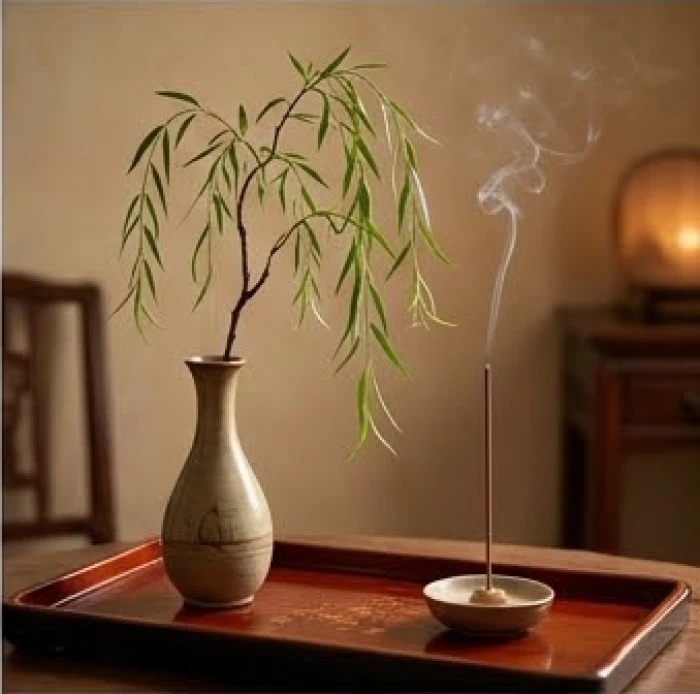 Cành liễu rủ mềm mại biểu tượng cho mệnh Dương Liễu Mộc giúp tương sinh cho ngọn lửa Sơn Đầu Hỏa