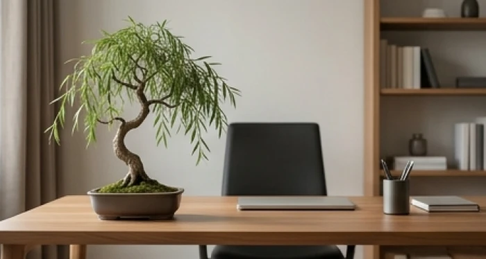 Không gian làm việc thanh lịch bài trí cây dương liễu mộc nhỏ gọn mang lại sự thư thái