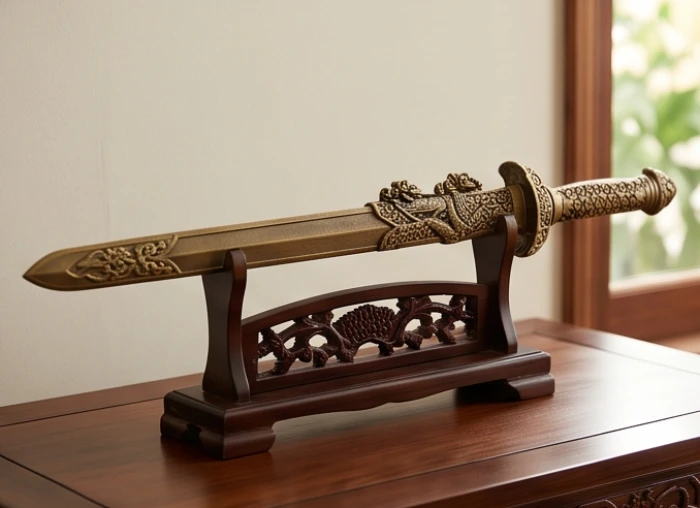 Một thanh kiếm đồng trang trí phong thủy được đặt trịnh trọng trên giá đỡ bằng gỗ lim sẫm màu