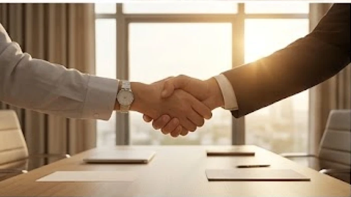Hai người đang bắt tay hợp tác trong không gian văn phòng hiện đại với ánh sáng tự nhiên rực rỡ