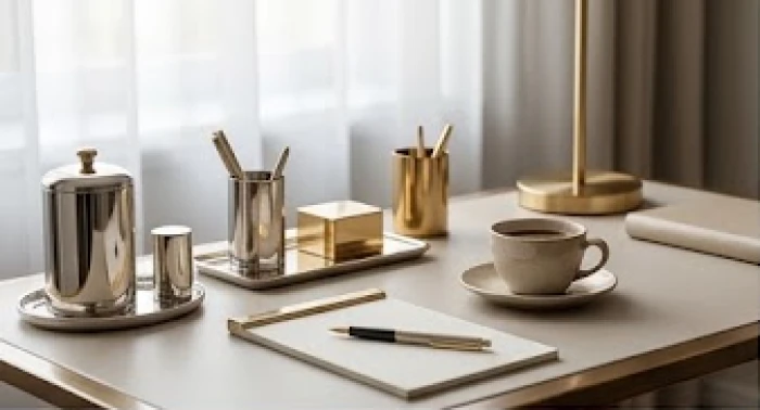 Không gian làm việc thanh lịch với các vật dụng kim loại sáng bóng tượng trưng cho bản mệnh Thoa Xuyến Kim