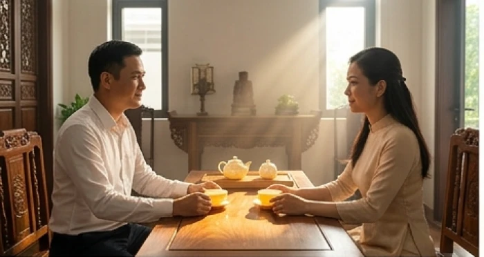 Gia chủ tuổi Bính Dần nam và nữ đàm đạo điềm tĩnh bên trà thất gỗ truyền thống ấm cúng