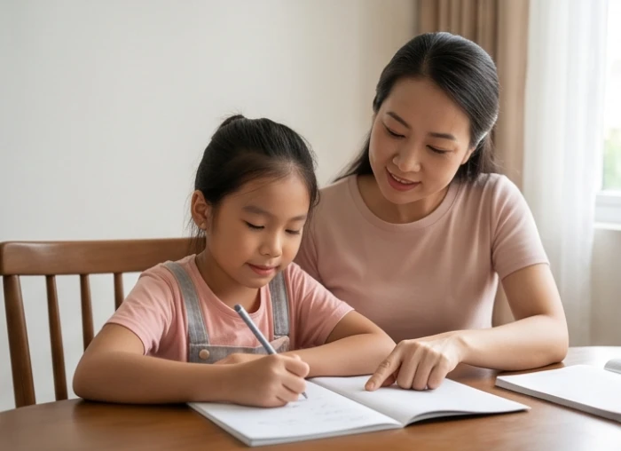 Mẹ nhẹ nhàng hướng dẫn con làm bài tập về nhà thể hiện sự kiên nhẫn của mệnh Mộc