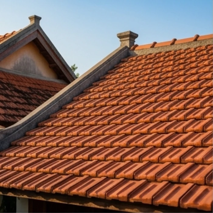 Mái ngói đỏ truyền thống vững chãi tượng trưng cho đặc tính che chở của mệnh Ốc Thượng Thổ