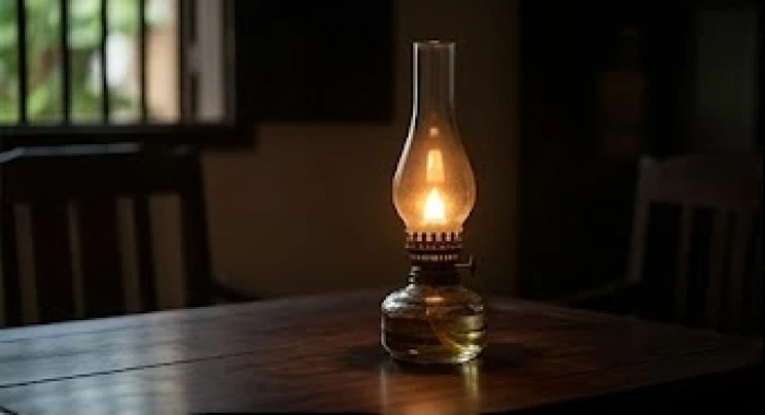 Ngọn lửa đèn dầu tỏa sáng tĩnh lặng trong đêm tối tượng trưng cho mệnh Phú Đăng Hỏa