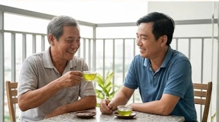 Hai cha con đang ngồi uống nước vui vẻ sau khi cơn nóng giận bộc phát tan nhanh như một cơn mưa rào