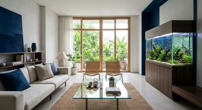 Không gian nội thất đương đại phong cách Việt Nam với điểm nhấn hồ cá và tông xanh dương giúp giải đáp mệnh thủy là gì