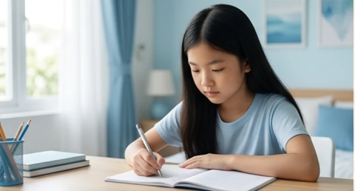 Bé gái ngồi học bài tập trung tại bàn học thoáng đãng với ánh sáng dịu nhẹ mang năng lượng hành thủy