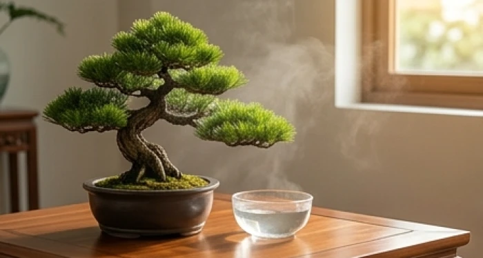Chậu cây bonsai tùng bách xanh tốt đặt cạnh bát nước thủy tinh trên bàn gỗ minh họa ngũ hành thủy sinh mộc