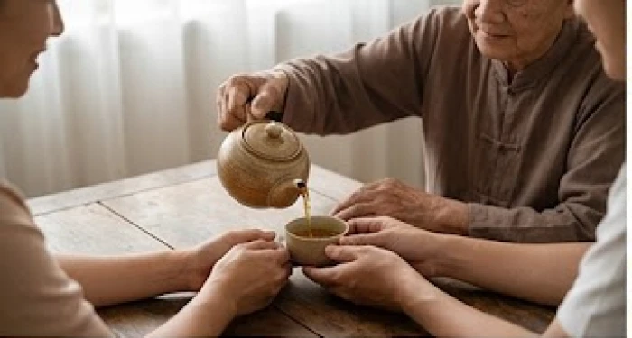 Bậc trưởng bối 1944 trò chuyện vui vẻ cùng con cháu mệnh Kim trong không gian trà đạo thanh tịnh