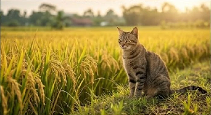 Chú mèo ta đang vồ một con chuột trên cánh đồng lúa chín vàng để bảo vệ mùa màng cho người nông dân