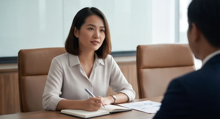 Nhân viên chú tâm ghi chép phản hồi trong cuộc họp với tư thế cởi mở và phong thái lắng nghe chuyên nghiệp