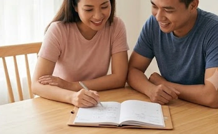 Hai vợ chồng cùng nhau xem xét các khoản chi tiêu trên sổ sách để duy trì sự minh bạch tài chính